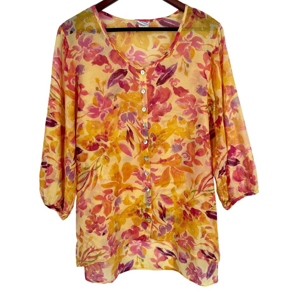 Habitat Medium Yellow 30% Silk Sheer Wearable Art Yellow Floral Blouse Shirt Top